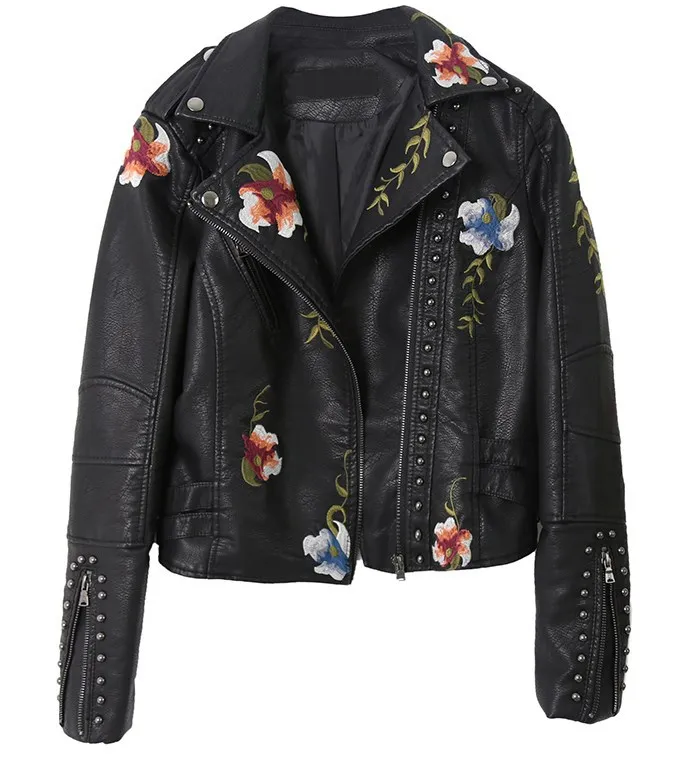 Embroidery On Leather - Floral Embroidery Faux Soft Leather Jacket