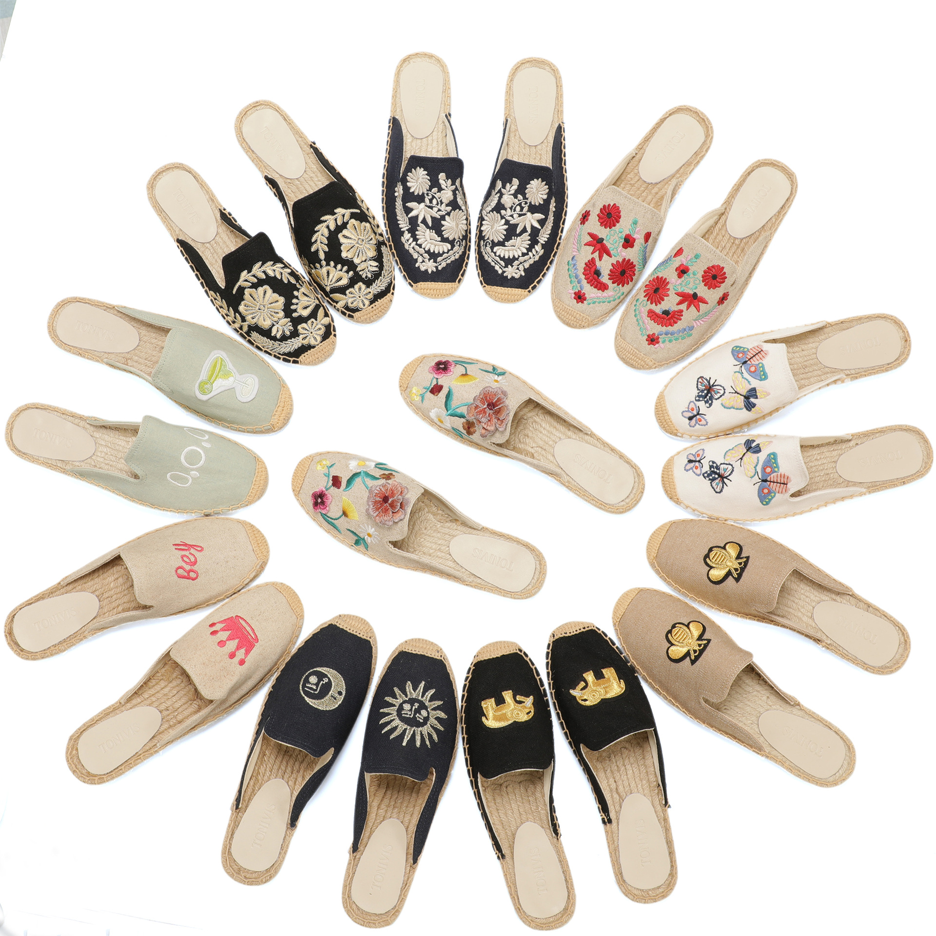 Embroidery On Leather - Women Floral Embroidered Espadrilles Slippers Linen
