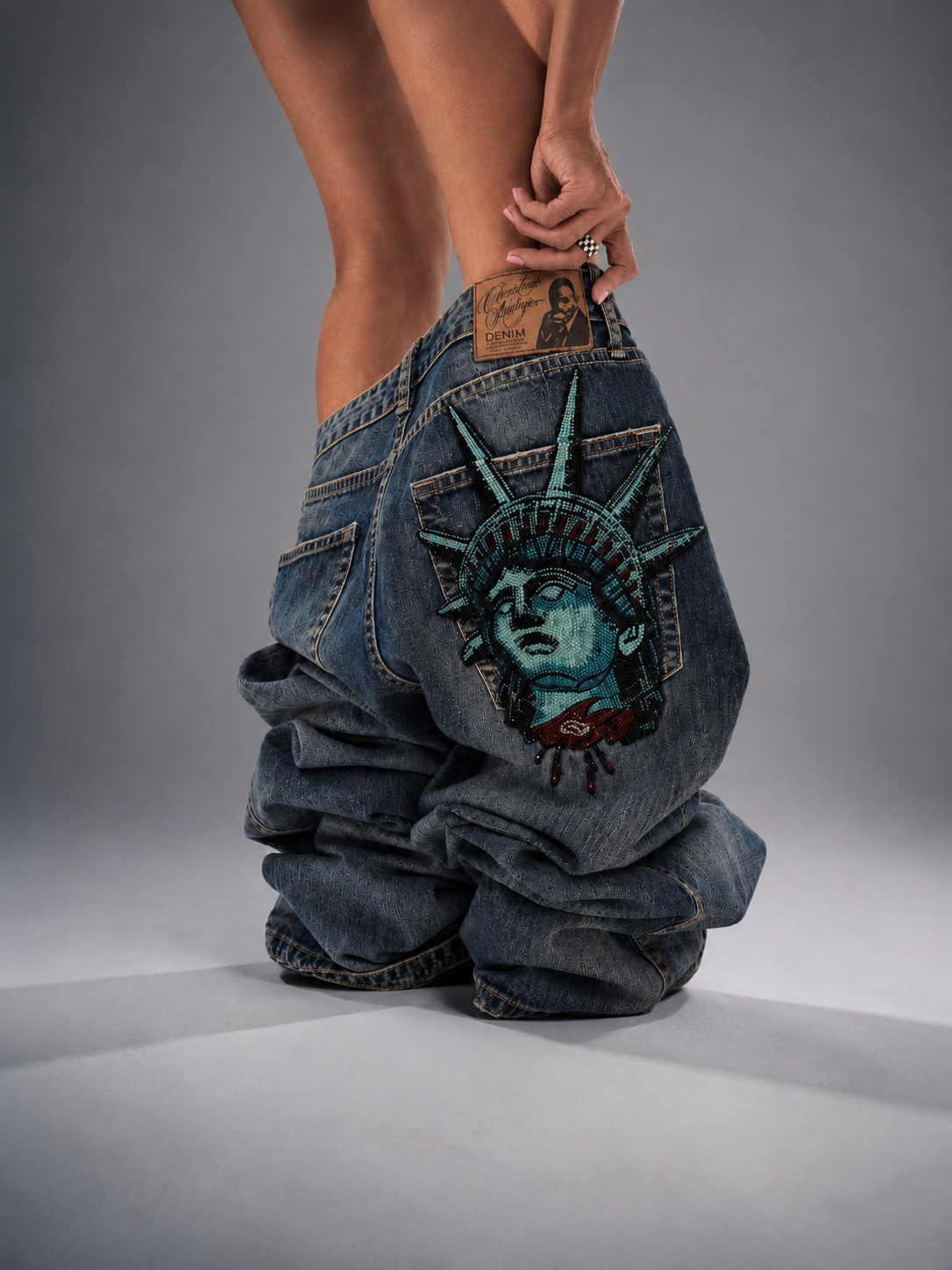 Y2k 2000s Statue of liberty Di - Embroidery Jeans Sakura recension och pris