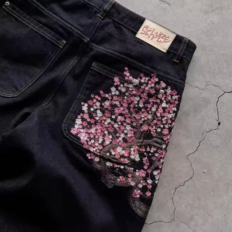 Y2K Mens Womens Harajuku Hip H - Embroidery Jeans Sakura recension och pris
