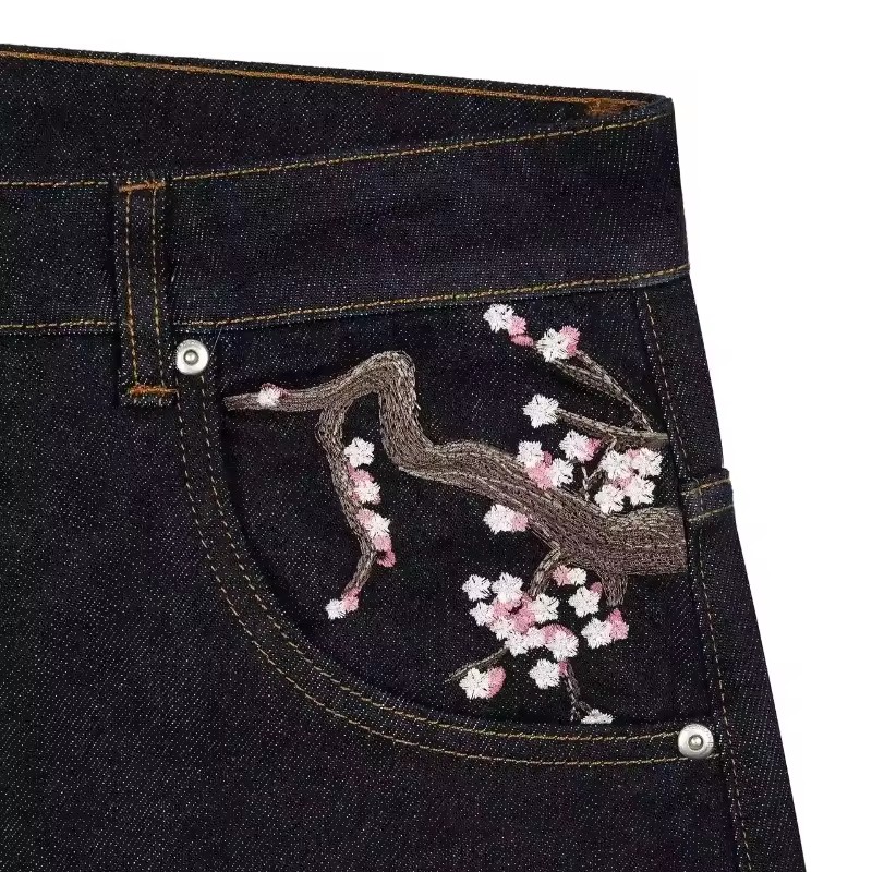 Y2K Mens Womens Harajuku Hip H - Embroidery Jeans Sakura recension och pris