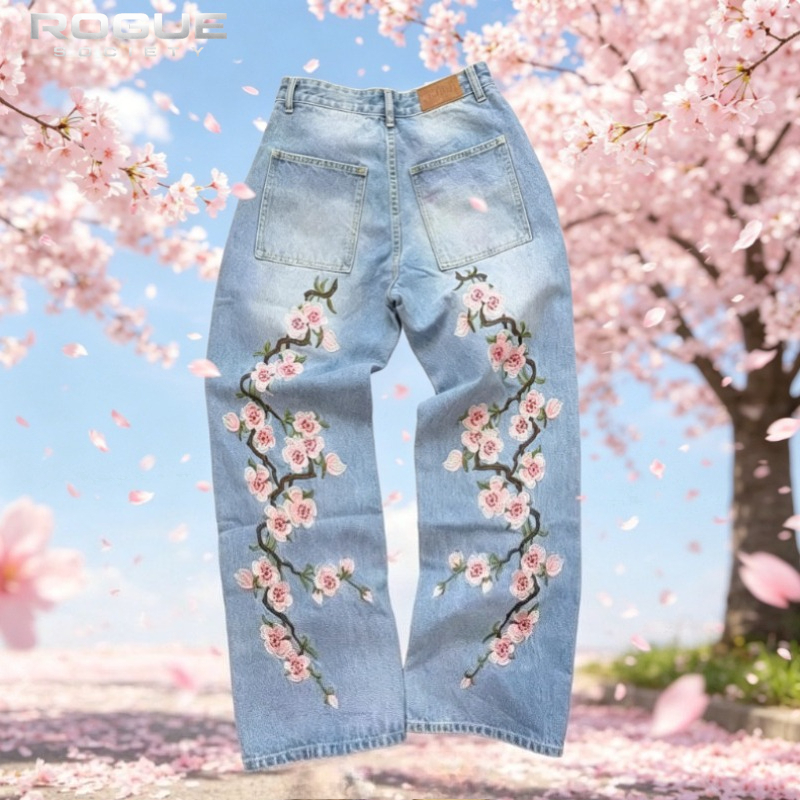 New Y2K American Retro Sakura  - Embroidery Jeans Sakura recension och pris