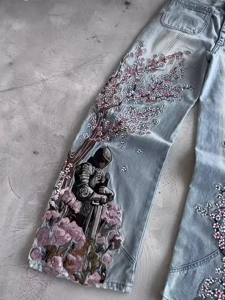 Mens Jeans Vintage Y2K Streetw - Embroidery Jeans Sakura recension och pris